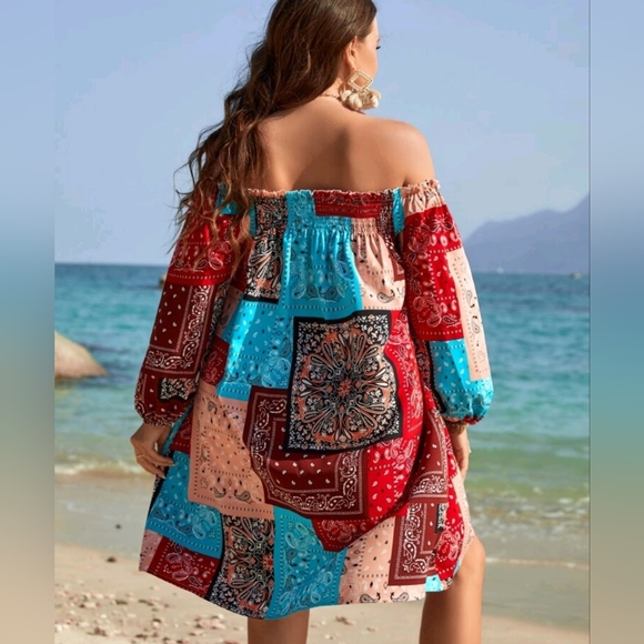 Patchwork Off the Shoulder Boho Summer Dress - Picture 2 of 4